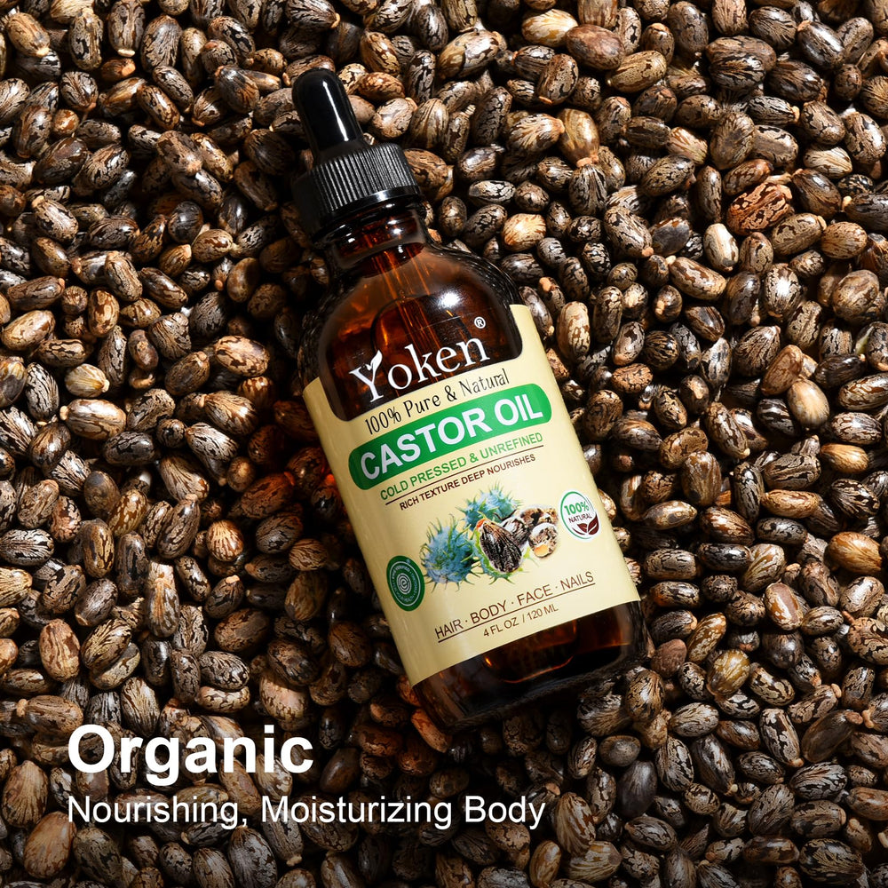 Yoken castor oil for eyebrows and hair care routines.
