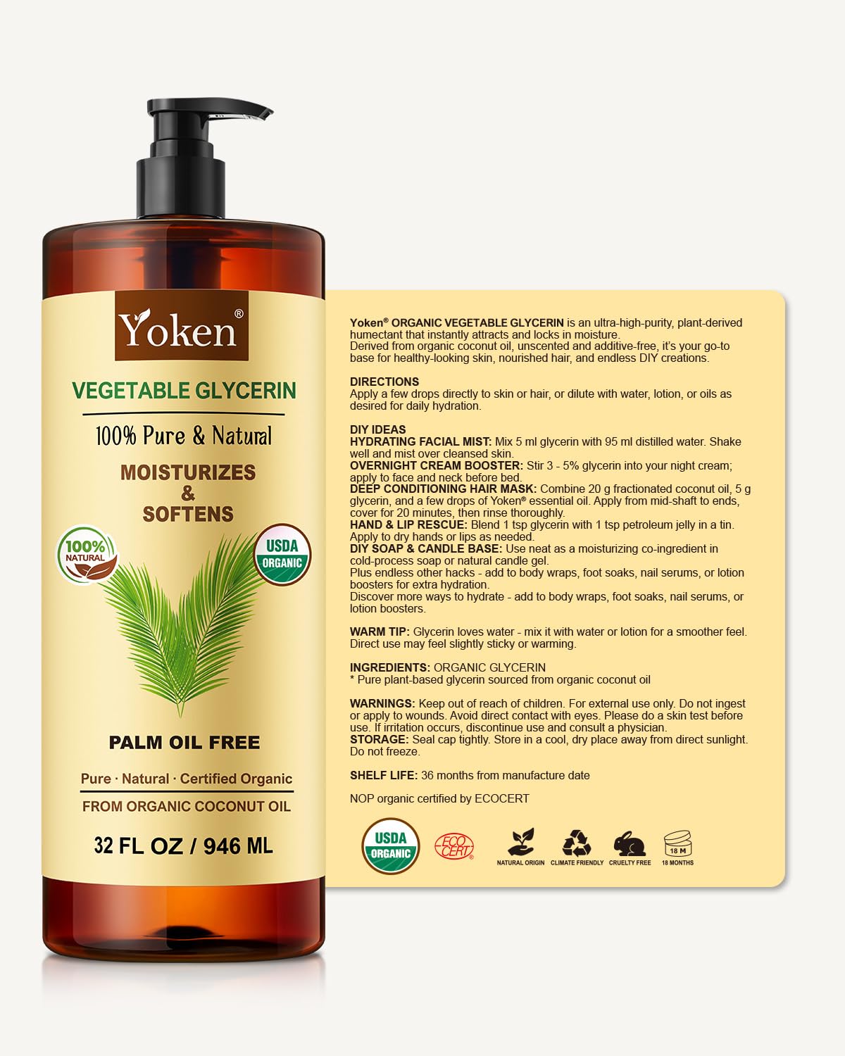 Coconut-derived glycerin base from Yoken for moisturizer and hair care routines