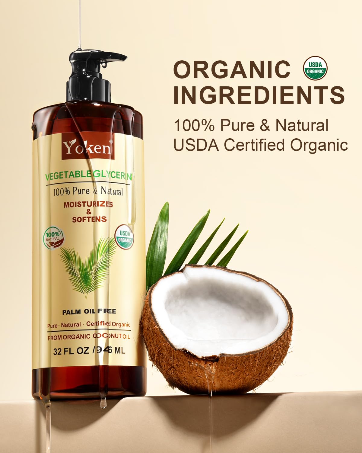 Yoken coconut-derived glycerin bottle highlights sustainable sourcing for skincare use