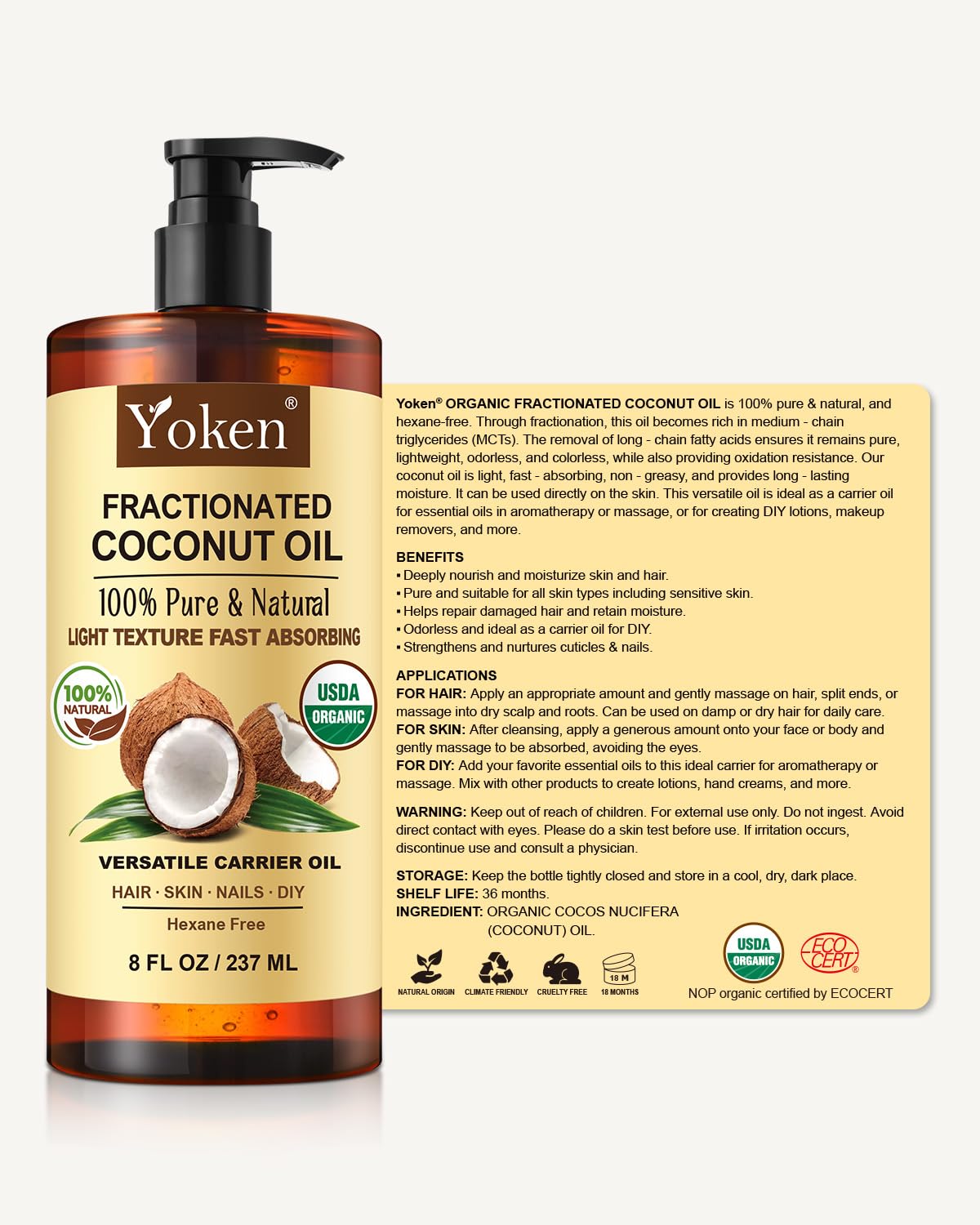 Yoken Coconut Oil cruelty-free and paraben-free formulation for clean skincare