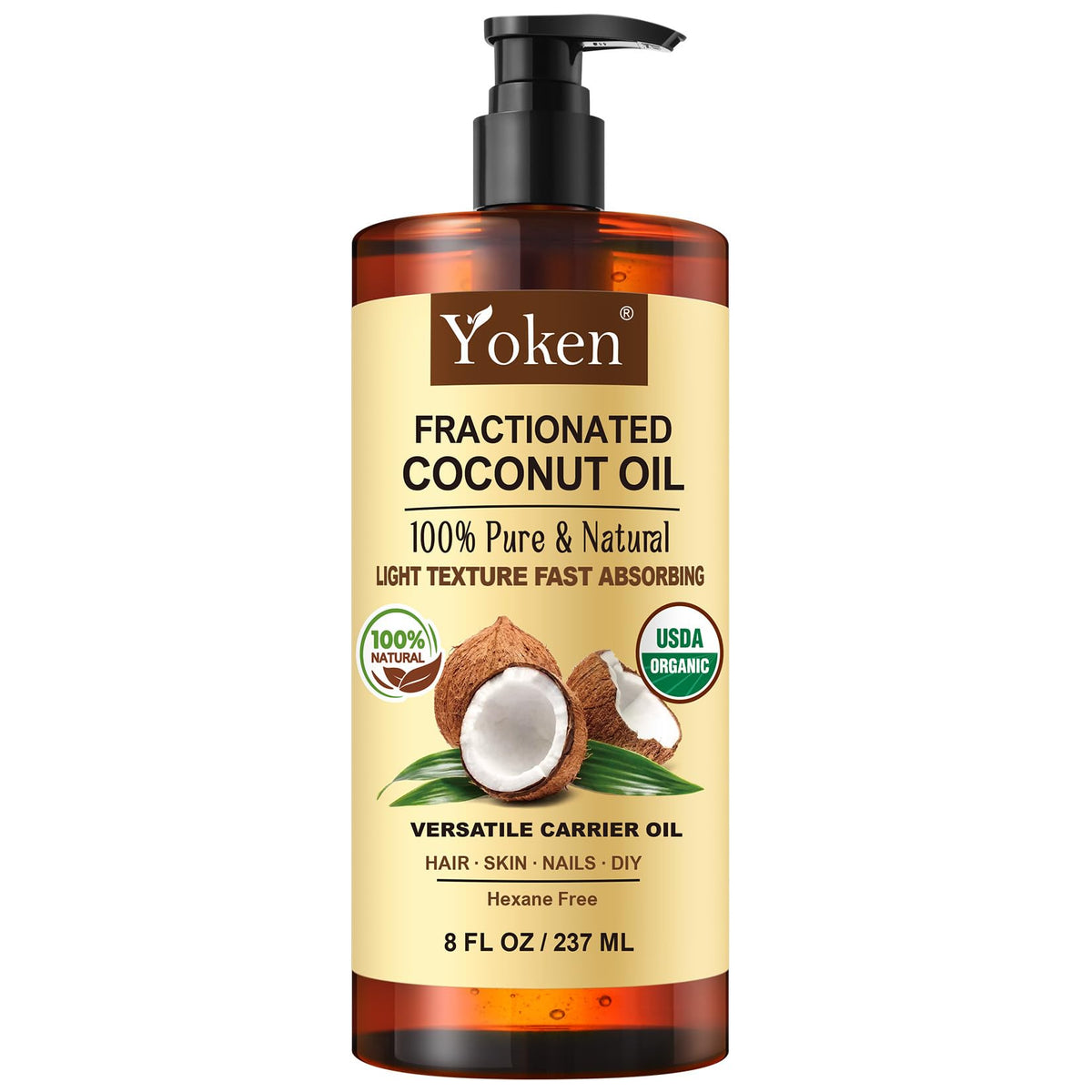 Yoken Coconut Oil liquid bottle shows lightweight hydration for face and body