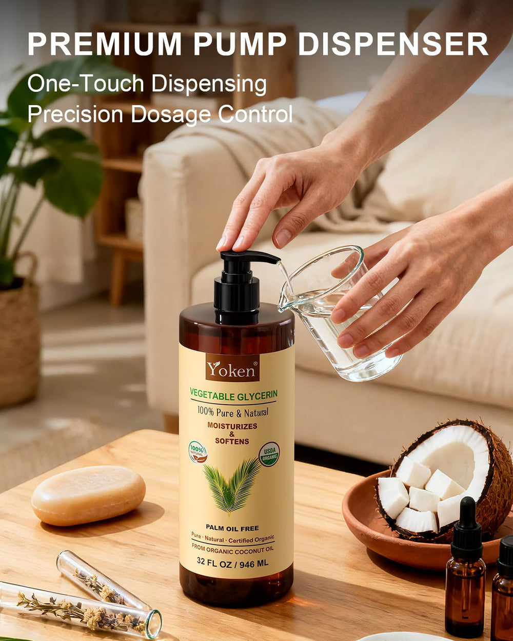 Yoken glycerin showing skin and hair hydration without sticky residue