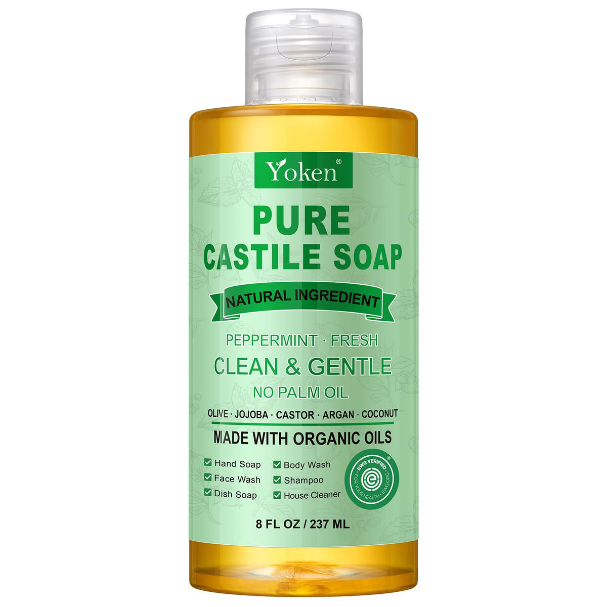 Yoken Peppermint Castile Soap bottle shows a versatile cleanser for skin and dishes