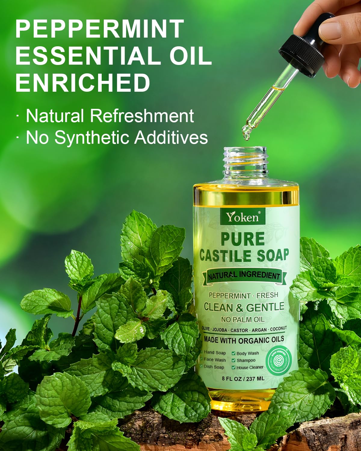 Yoken Peppermint Castile Soap dilution pour indicates easy concentration for cleaning