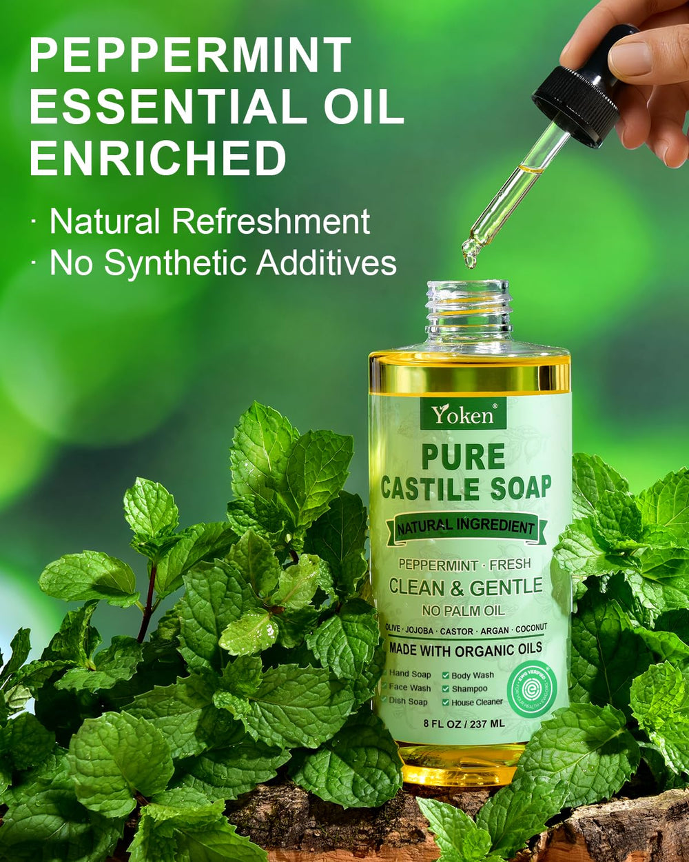 Yoken Peppermint Castile Soap dilution pour indicates easy concentration for cleaning