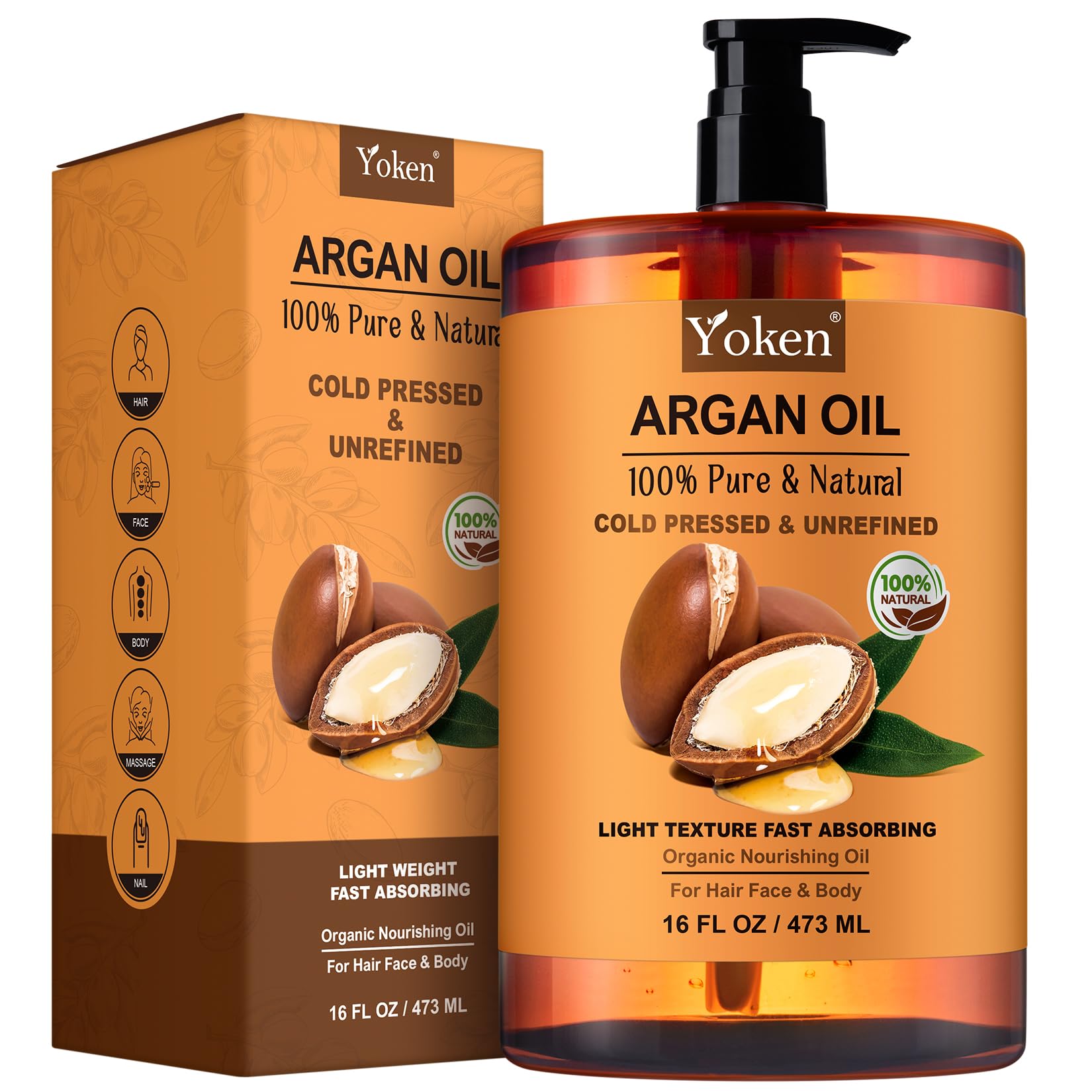 Yoken Pure Argan Oil bottle pour for versatile hair and skin nourishment.