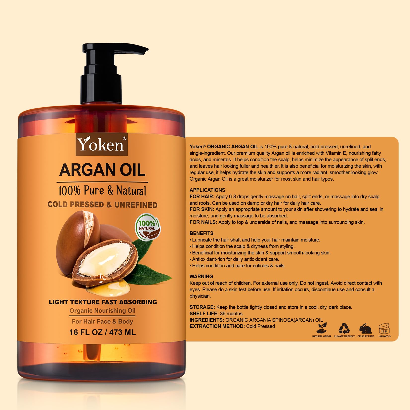 Yoken Pure Argan Oil origin Morocco emphasizing ethically sourced luxury.