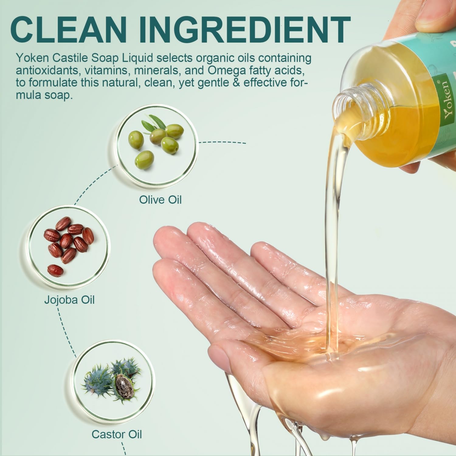 Yoken Pure Castile Soap bottle with label, emphasizing organic oils and no fragrance.