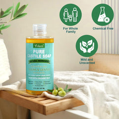 Yoken Pure Castile Soap being poured, highlighting its concentrated formula.