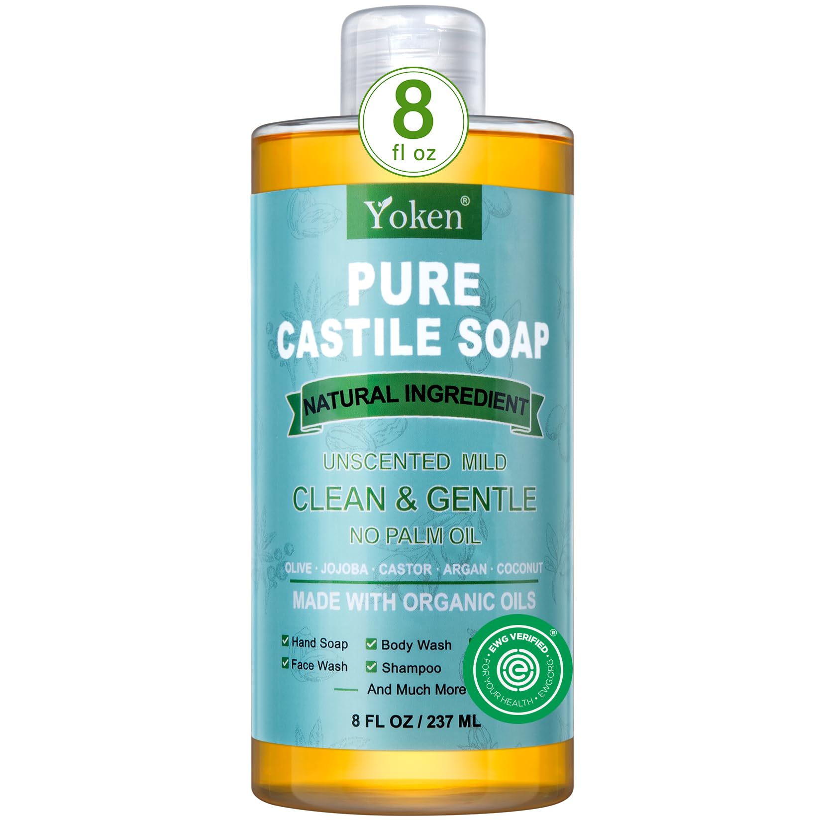 Yoken Pure Castile Liquid Soap unscented bottle for gentle skin care.