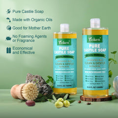 Yoken Pure Castile Soap being poured to illustrate concentrated cleaning power