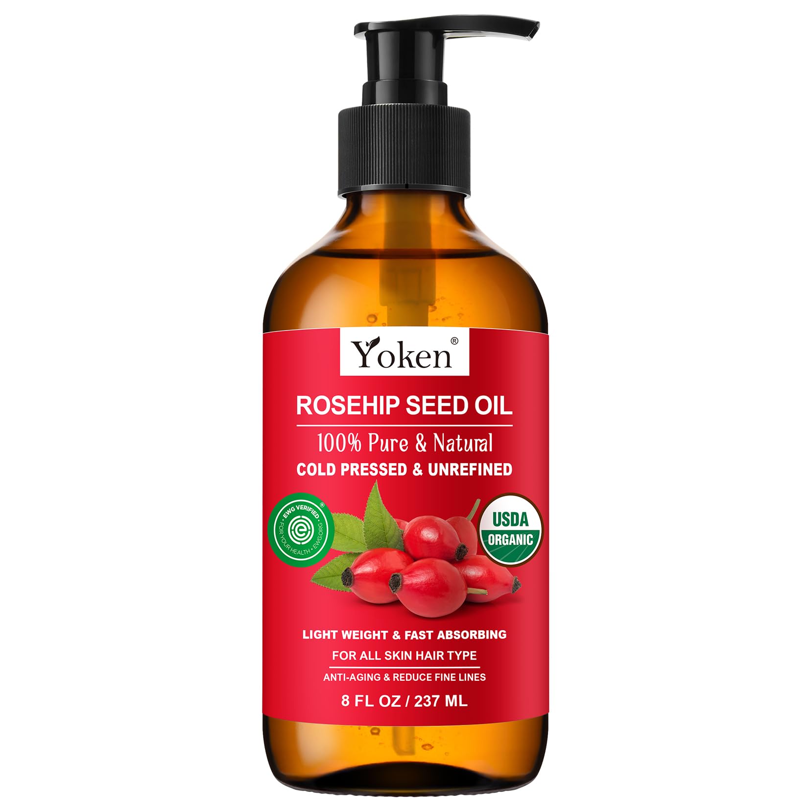 Yoken Rosehip Seed Oil bottle demonstrates pure, hydrating formula for daily skincare.