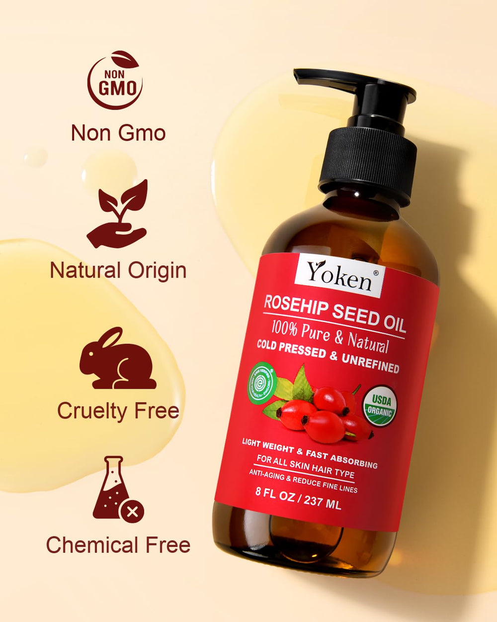 Yoken Rosehip Seed Oil bottle with dropper suggests massage-ready formula.