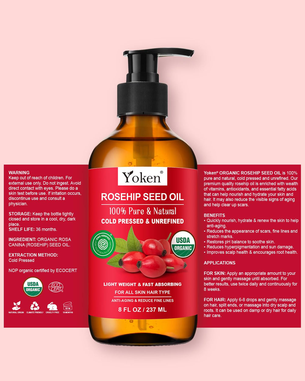 Yoken Rosehip Seed Oil bottle beside natural ingredients suggests easy oil blending.