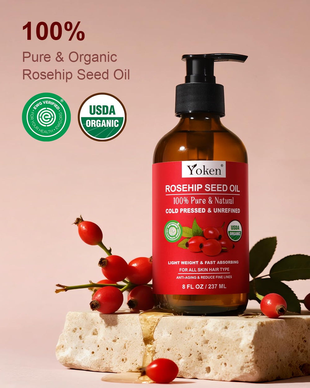Yoken Rosehip Seed Oil pour highlights silky texture and fast absorption.