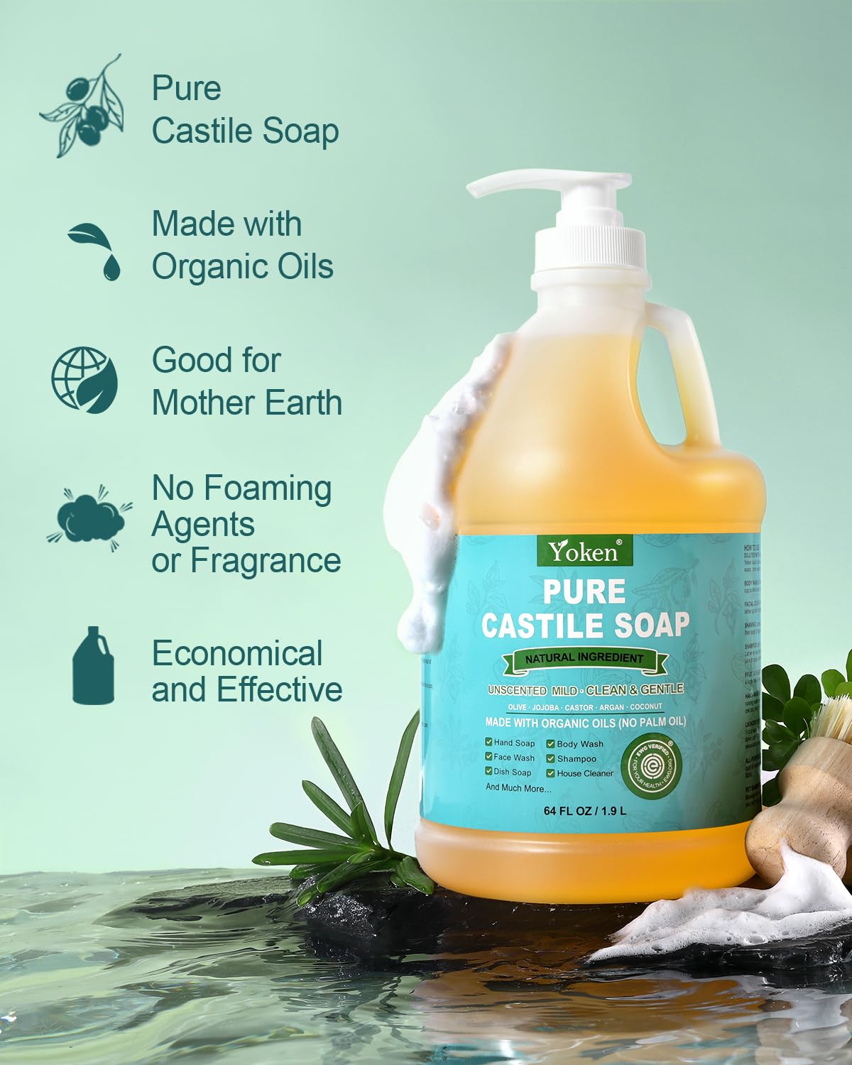 Yoken castile soap rich lather for skin and surfaces.
