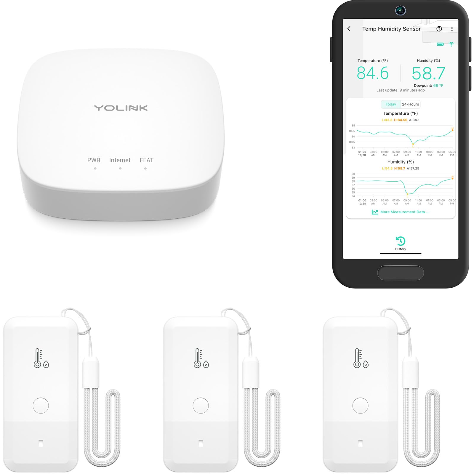 YoLink smart wireless thermometer hygrometer front view with clear display for quick readings.