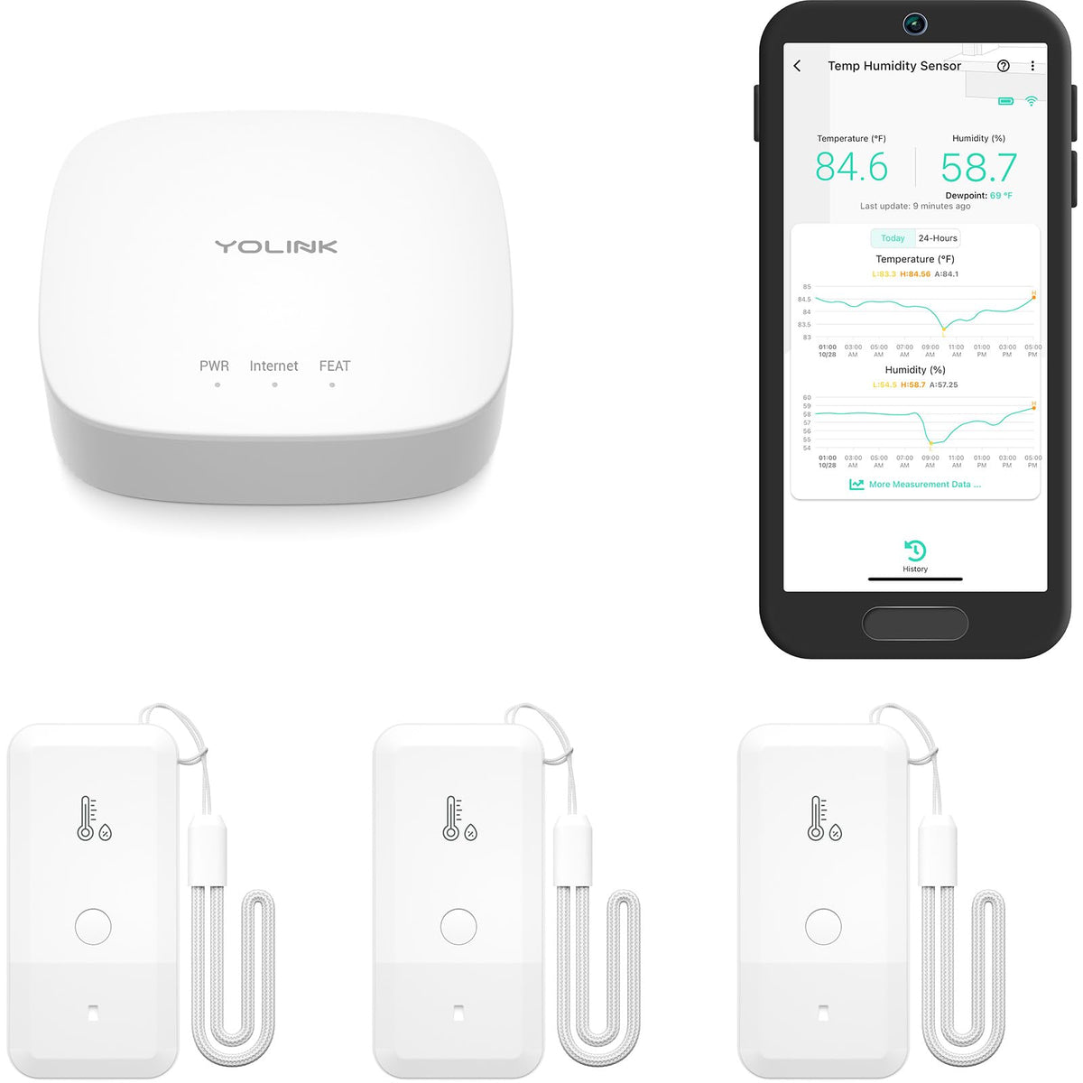 YoLink smart wireless thermometer hygrometer front view with clear display for quick readings.