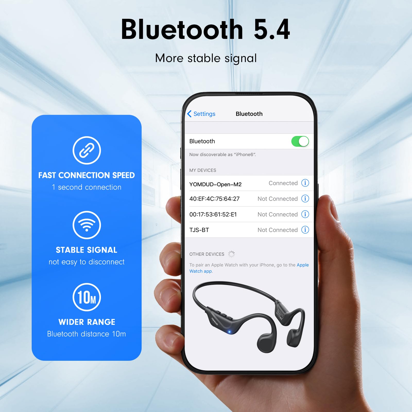 Yomdud BT 5.4 wireless connection with stable pairing.