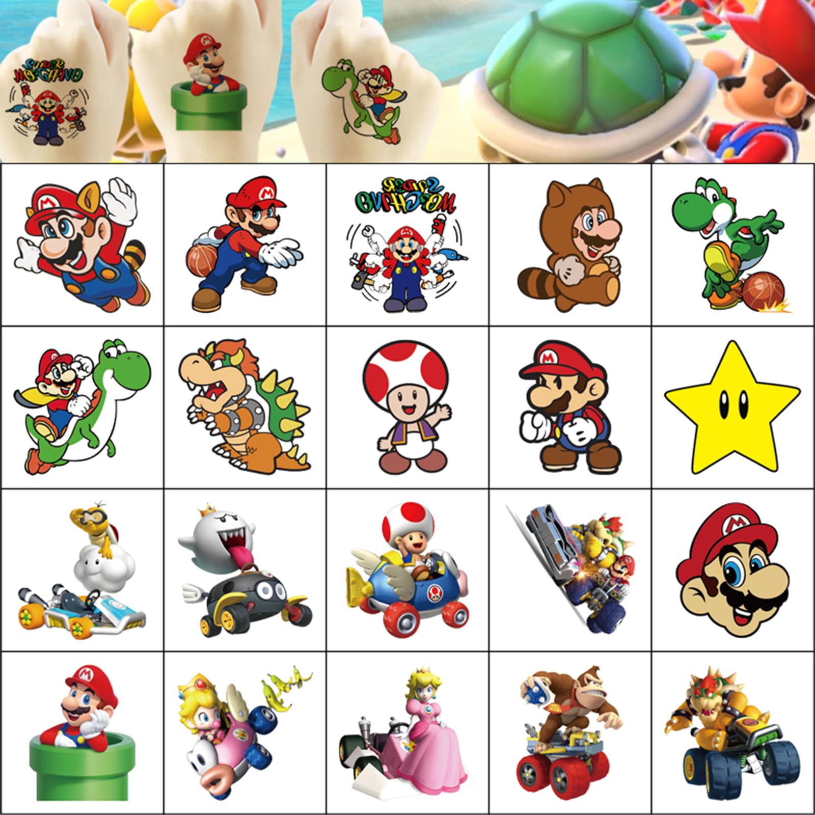 YONGAI Mario tattoo sheet for video game birthday decor and prizes.
