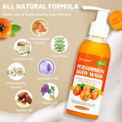 yoniagood persimmon body wash bottle closeup emphasizes natural ingredients and skin-friendly formula.