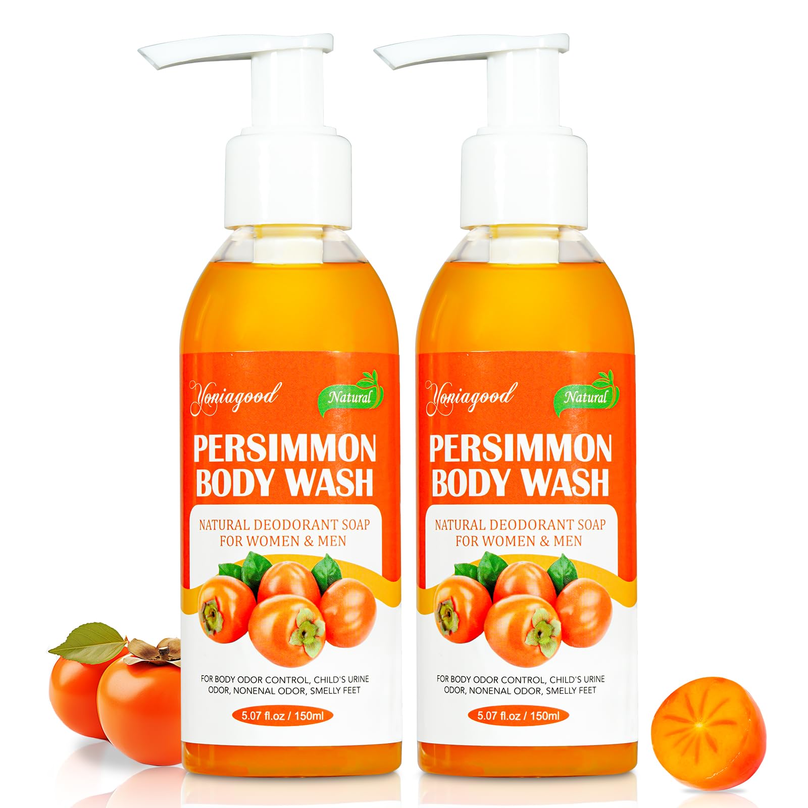 yoniagood persimmon body wash packaging highlighting odor control and lasting freshness.