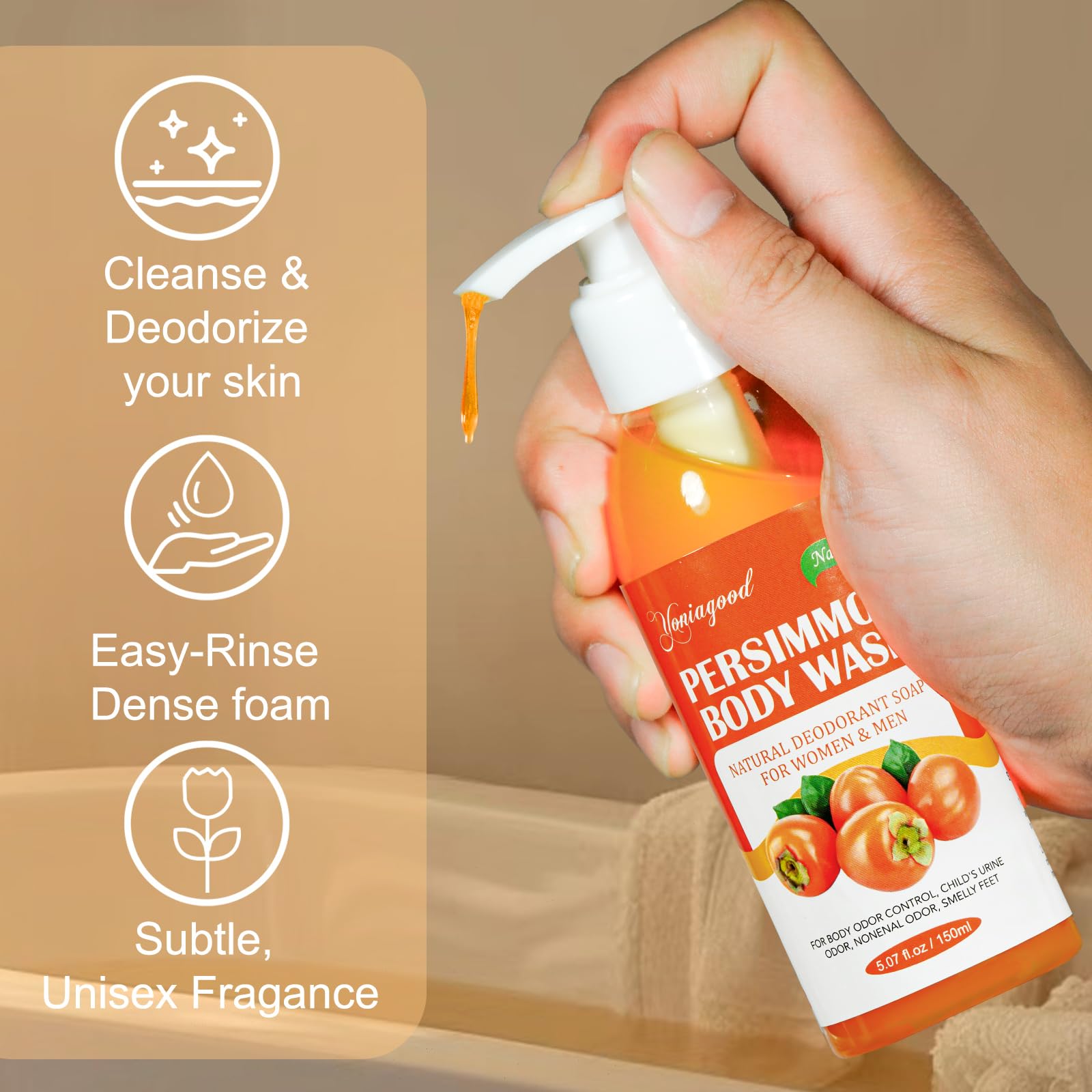 yoniagood persimmon body wash natural ingredients surface image conveys gentle cleansing.