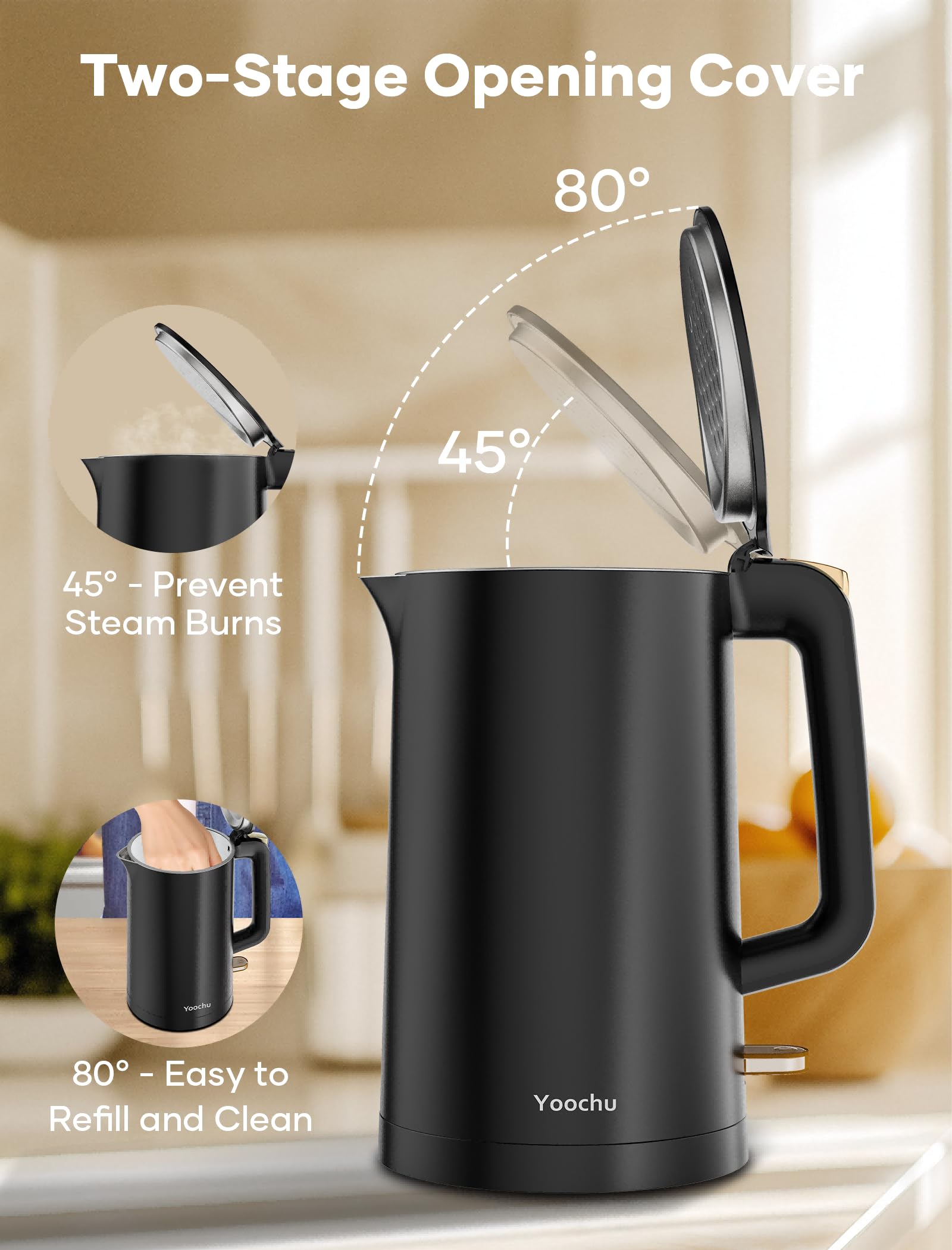 Yoochu kettle auto shut-off LED signals when water is ready.
