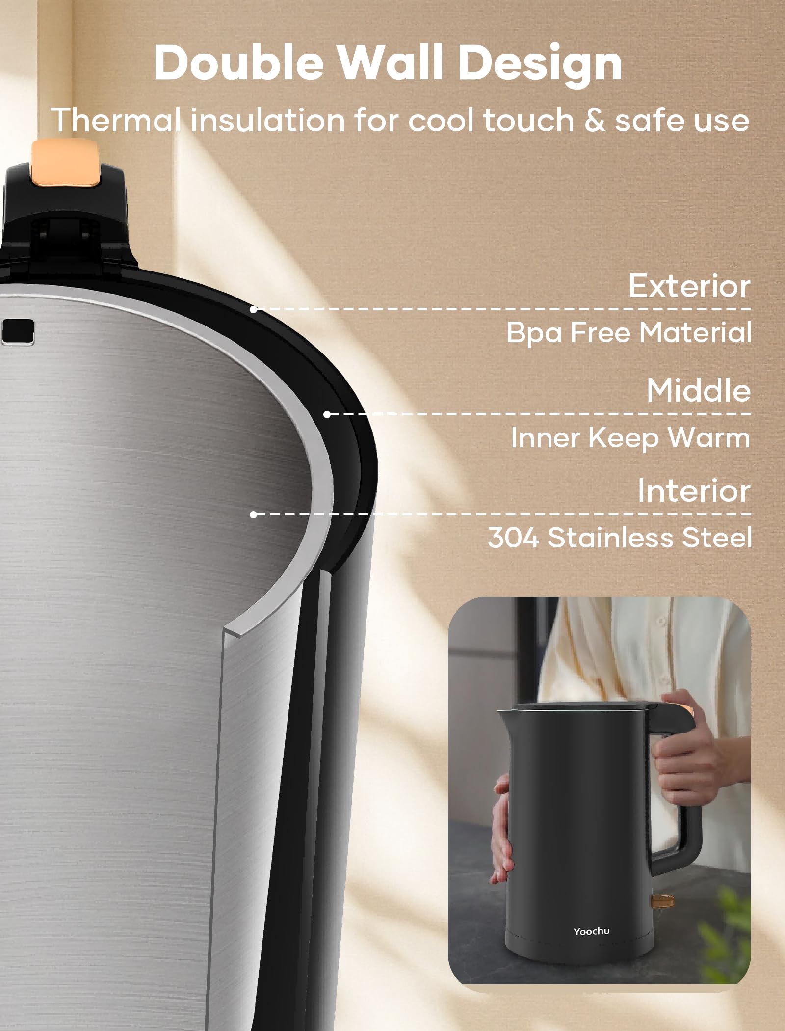 Cordless base of Yoochu kettle enables effortless pouring.