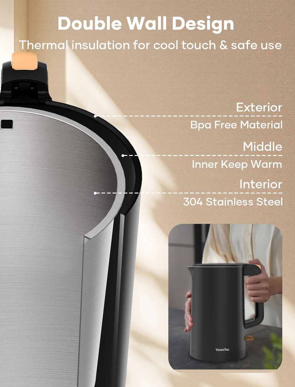 Cordless base of Yoochu kettle enables effortless pouring.