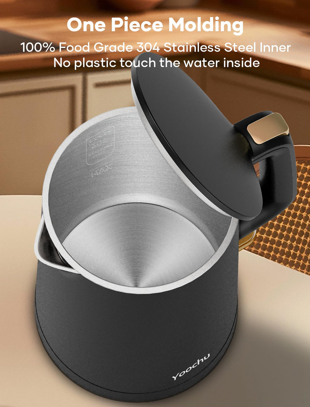 Yoochu kettle with rapid 1500W boil for faster beverages.