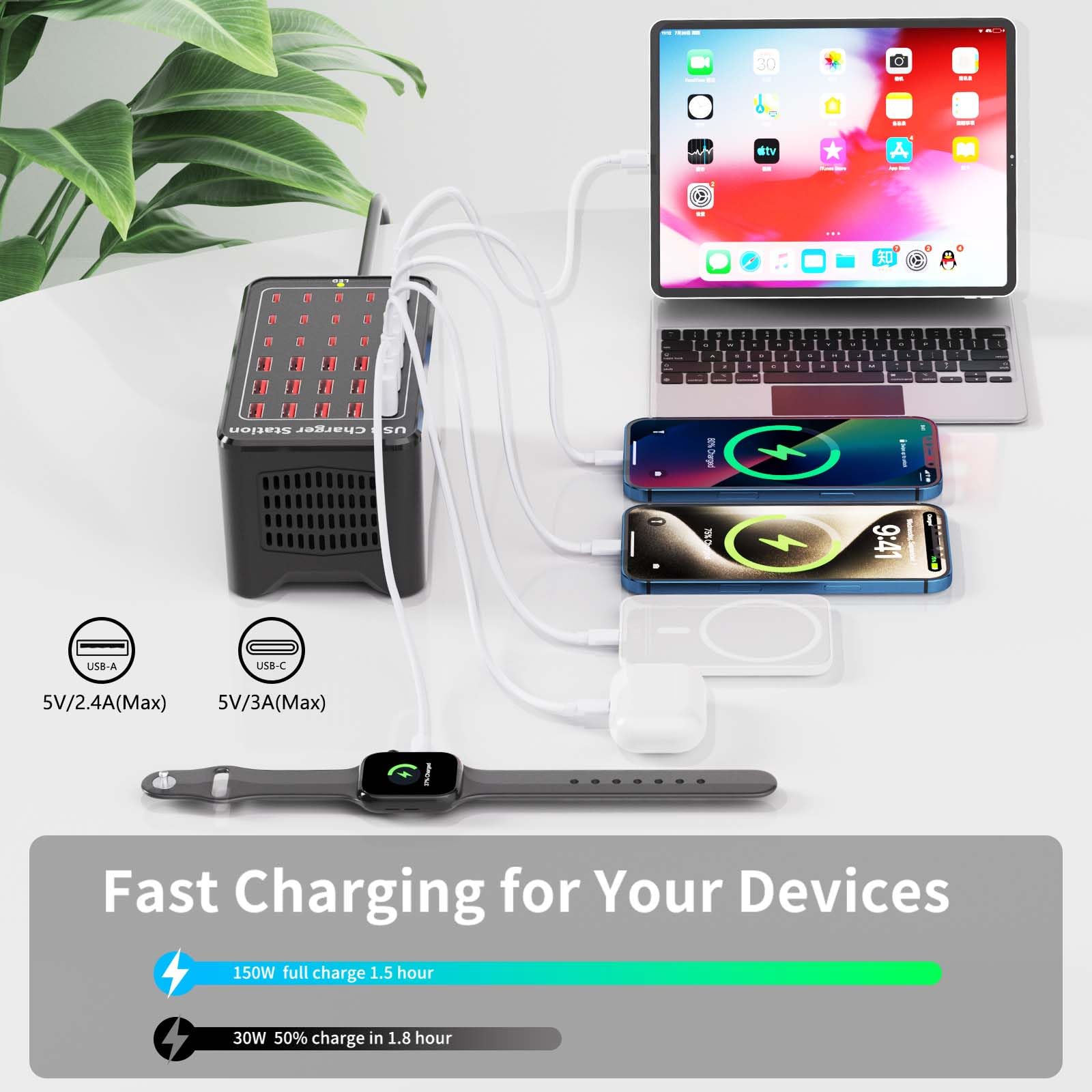 Yoodarmx 150W charging station back view with USB ports ready to connect
