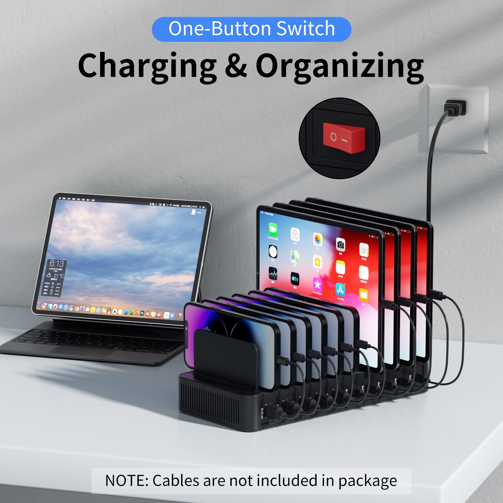 Yoodarmx organized workspace showing tidy cables and multiple devices charging