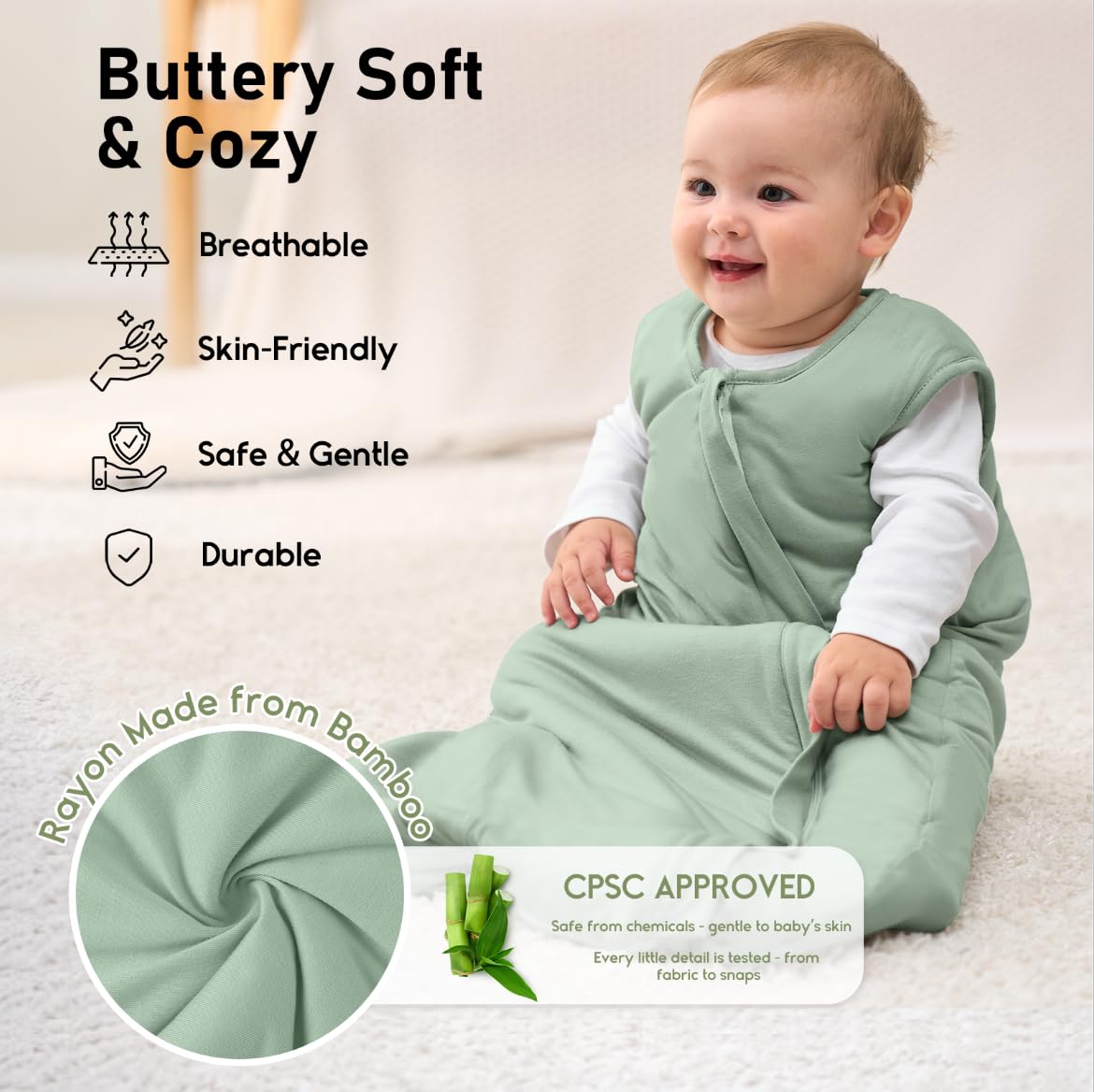 Yoofoss bamboo sleep sack side view highlighting breathable weave