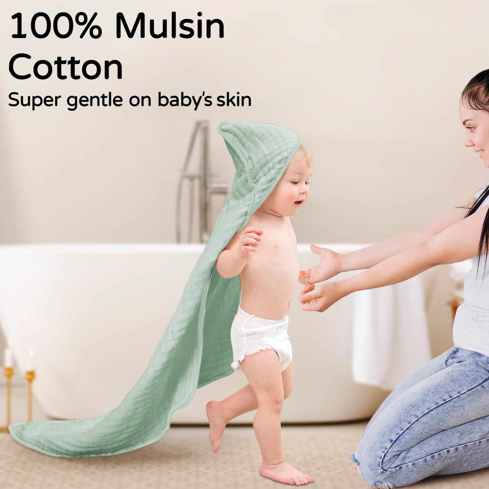 Yoofoss hooded baby towel green; gentle warmth and high absorbency for babies.