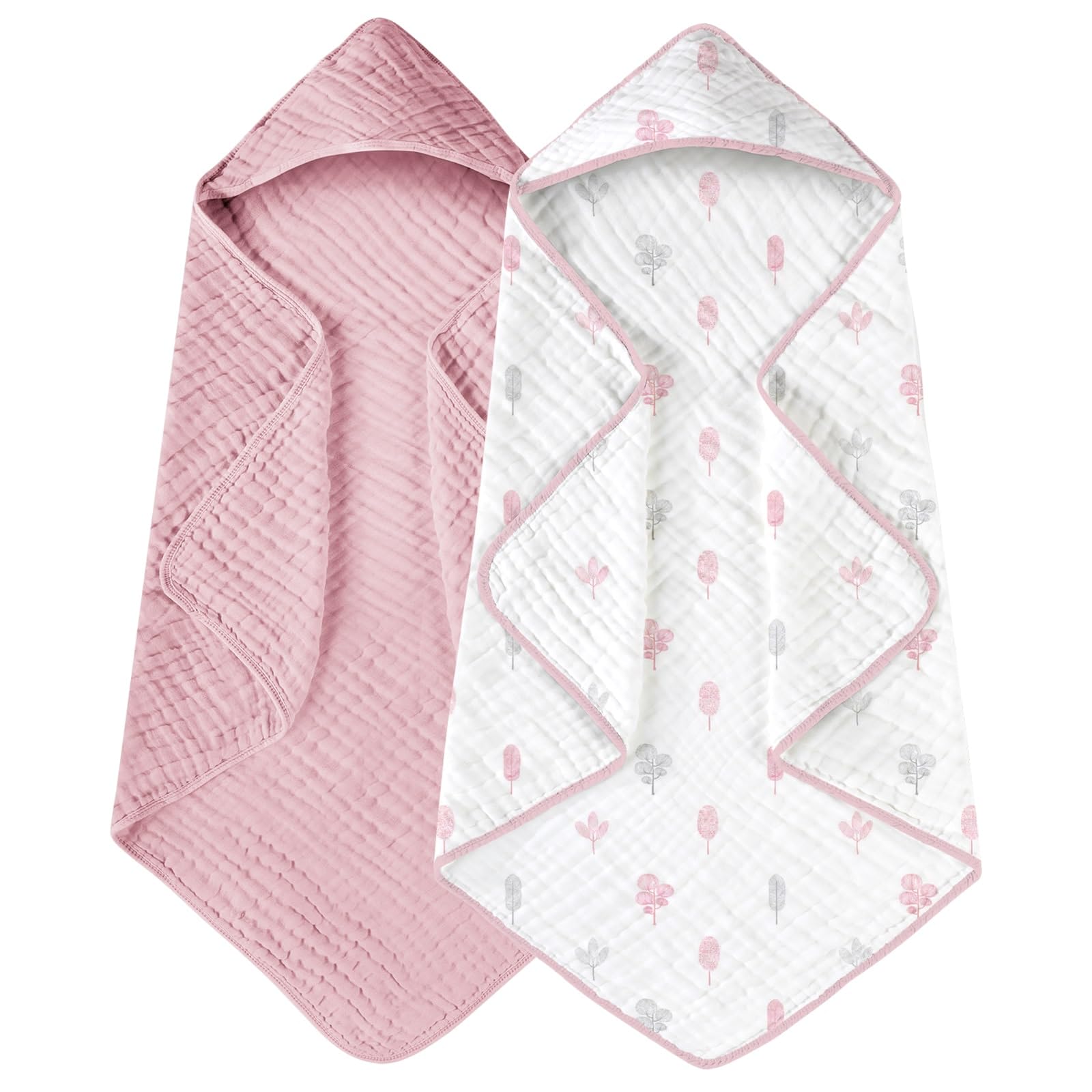 Yoofoss hooded towel in pink white leaf, soft and absorbent for bath time.