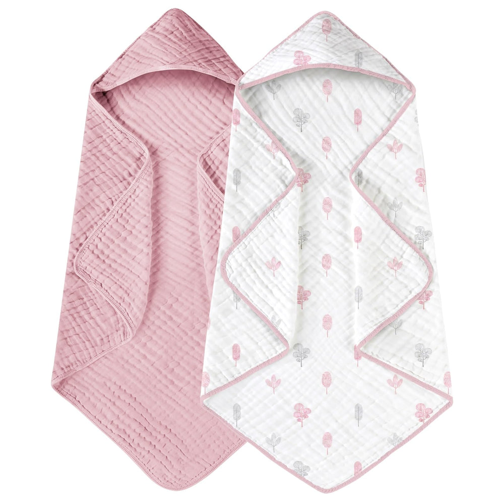 Yoofoss hooded towel in pink white leaf, soft and absorbent for bath time.