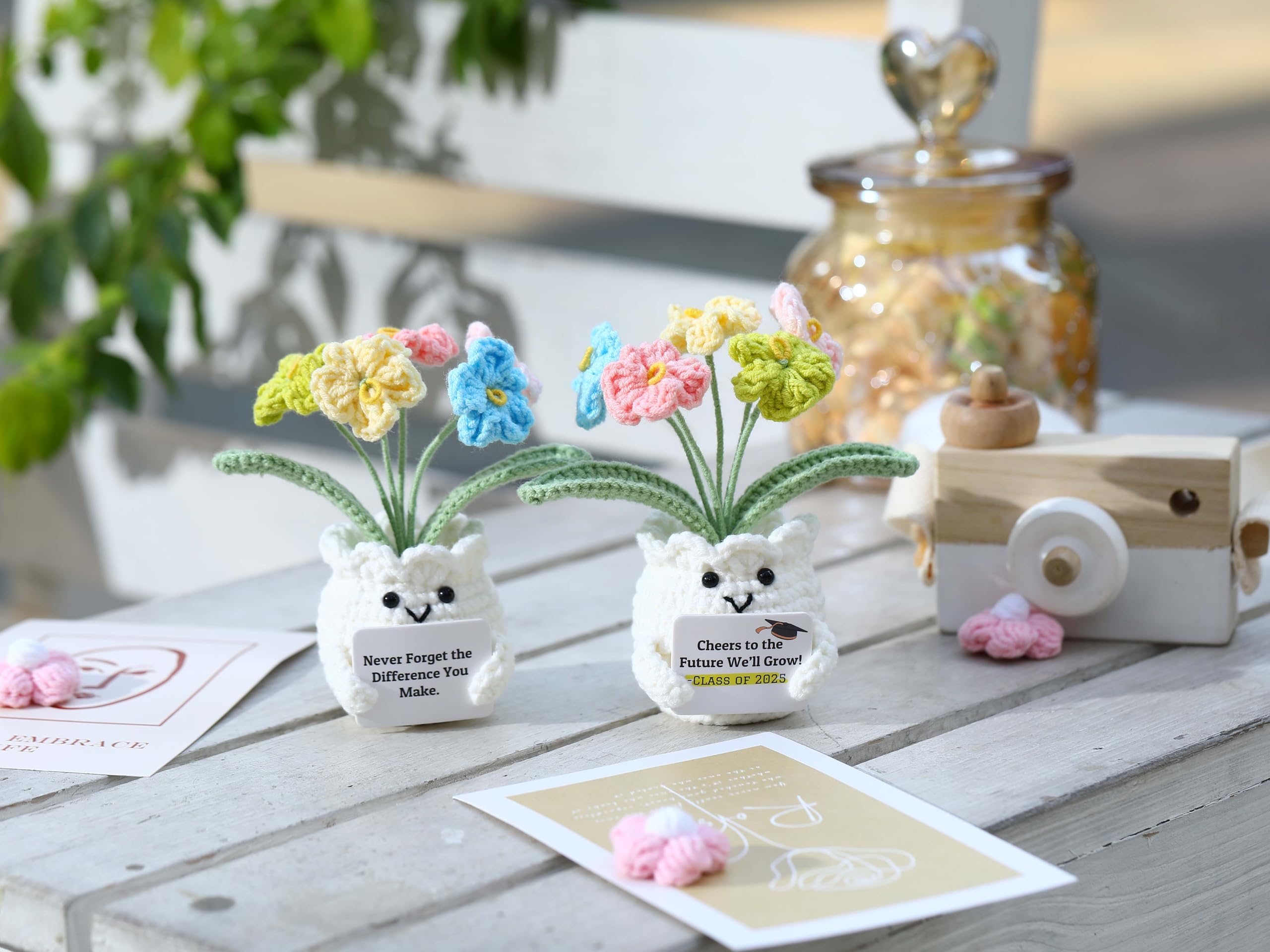 YOOJEE Forget-Me-Not crochet flower crafted with premium cotton-blend yarn for soft texture.