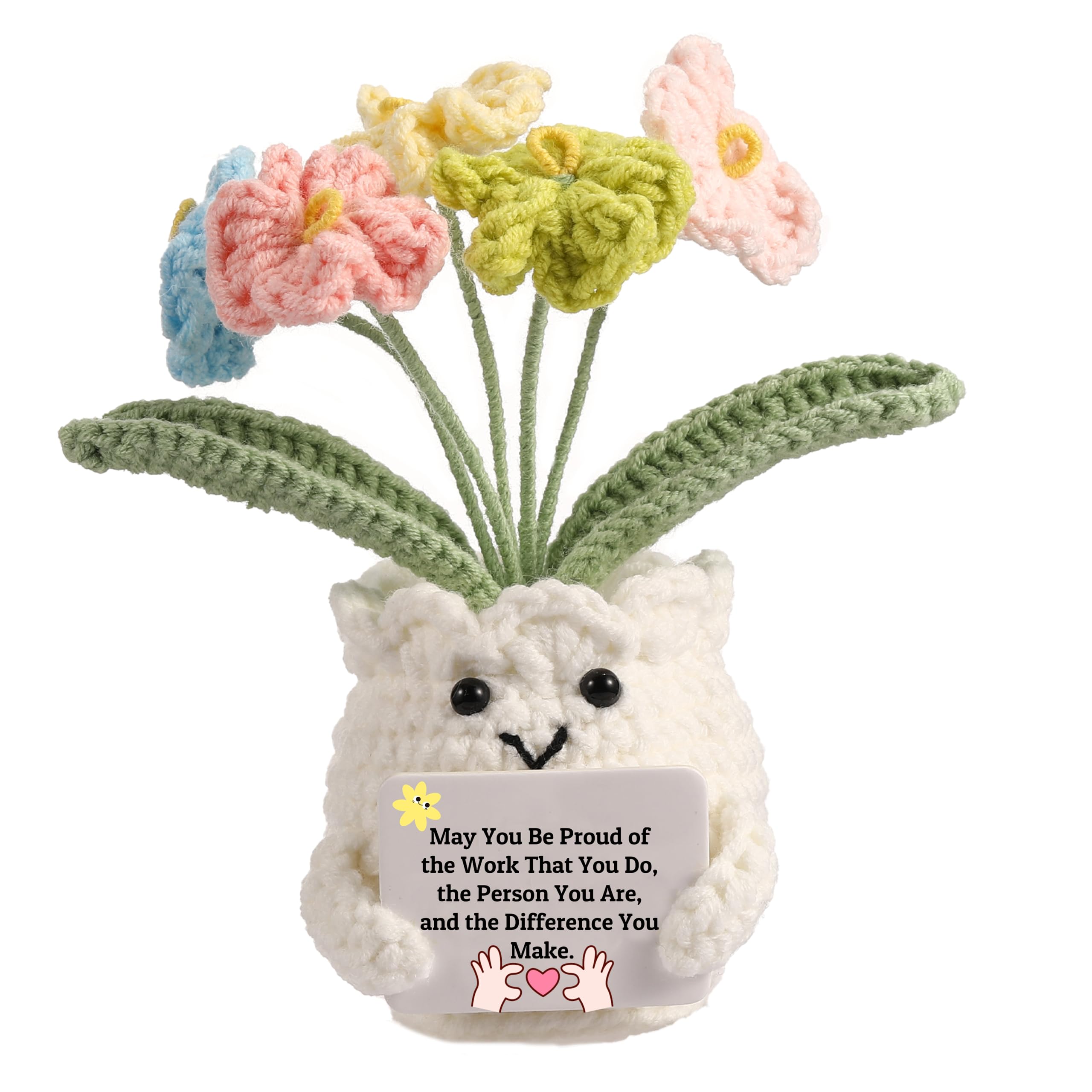 YOOJEE Forget-Me-Not crochet flower pot on desk adds thoughtful decor.