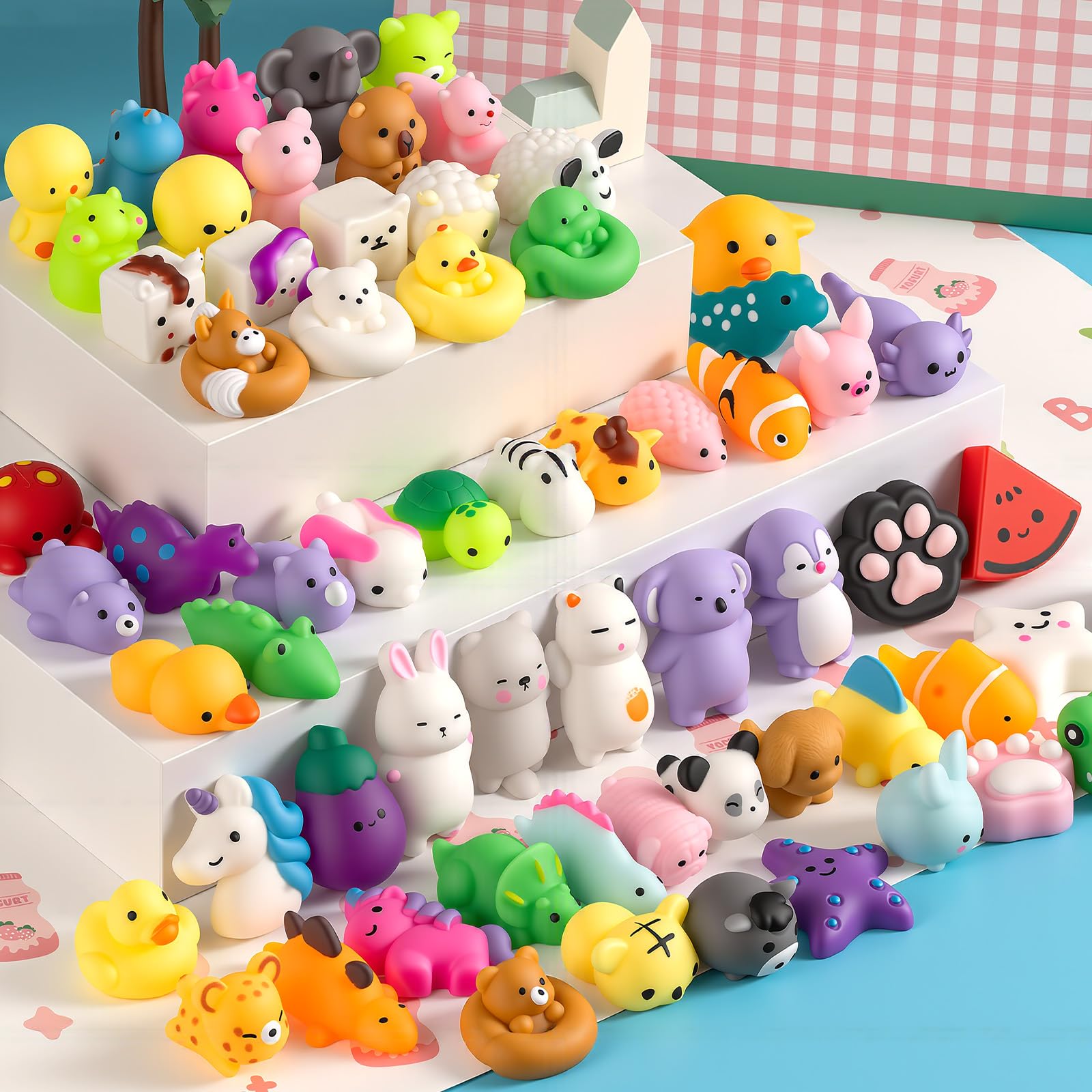 Yooshi mochi squishies in assorted shapes for sensory exploration and fine motor fun