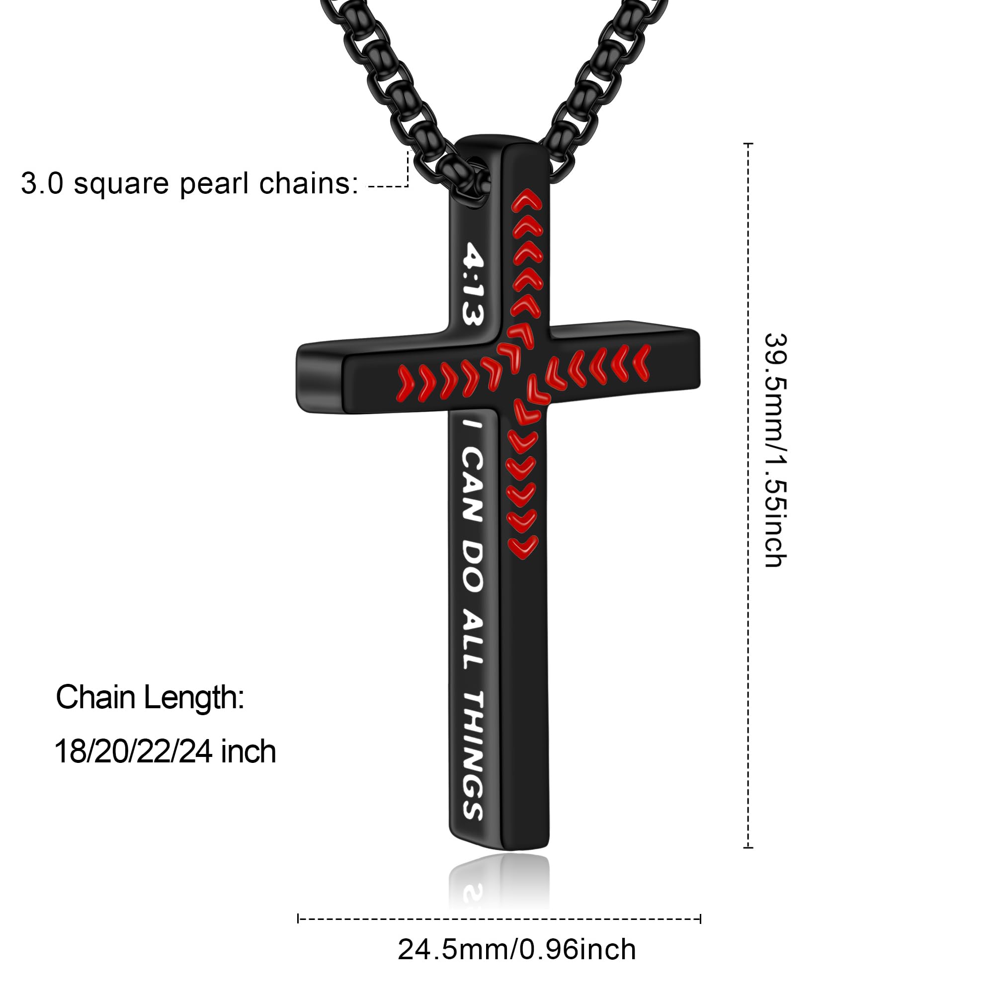 Yoosteel Baseball Cross Necklace 20-inch chain displayed on model.