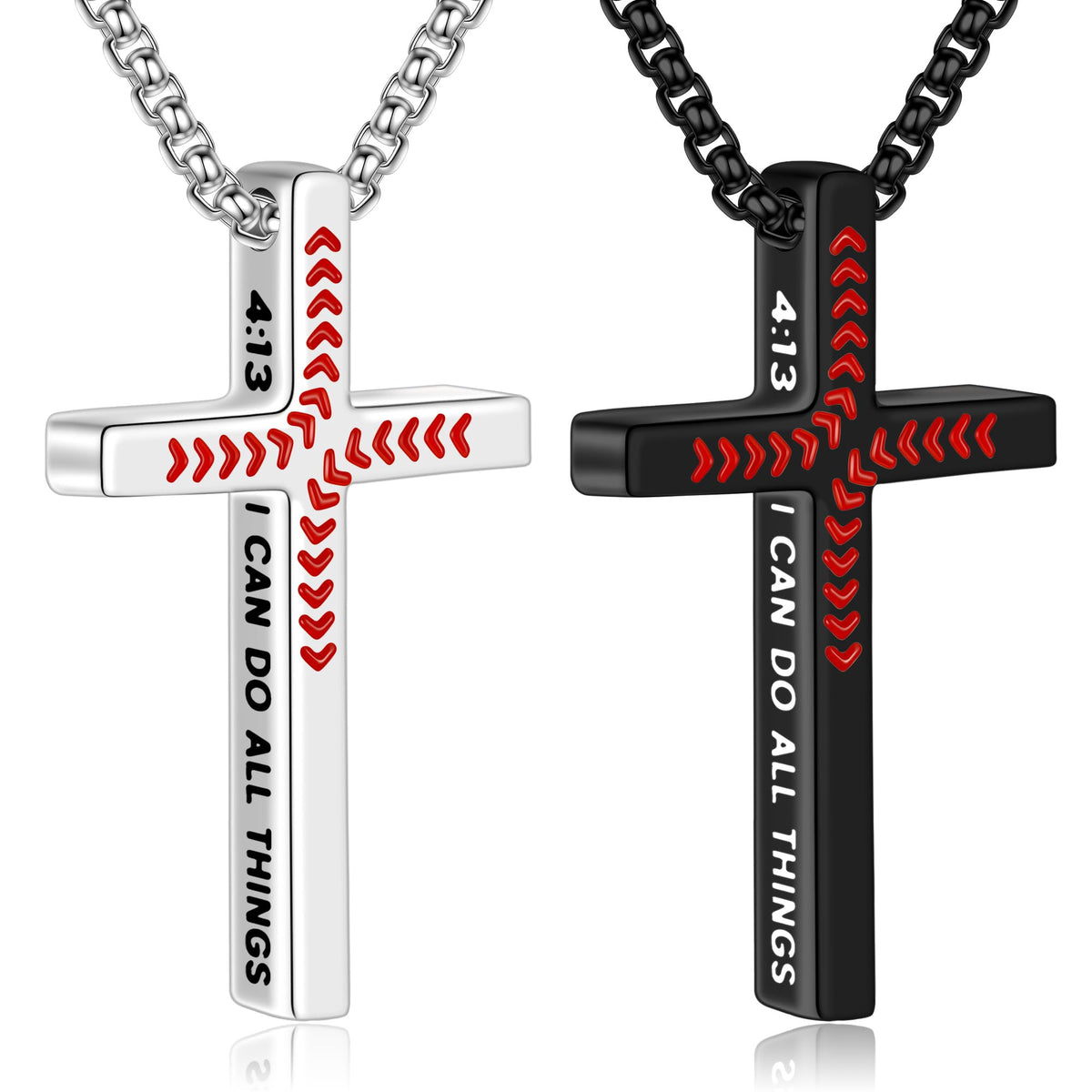Yoosteel Baseball Cross Necklace front view with baseball graphic and faith motif.