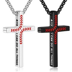 Yoosteel Baseball Cross Necklace front view with baseball graphic and faith motif.