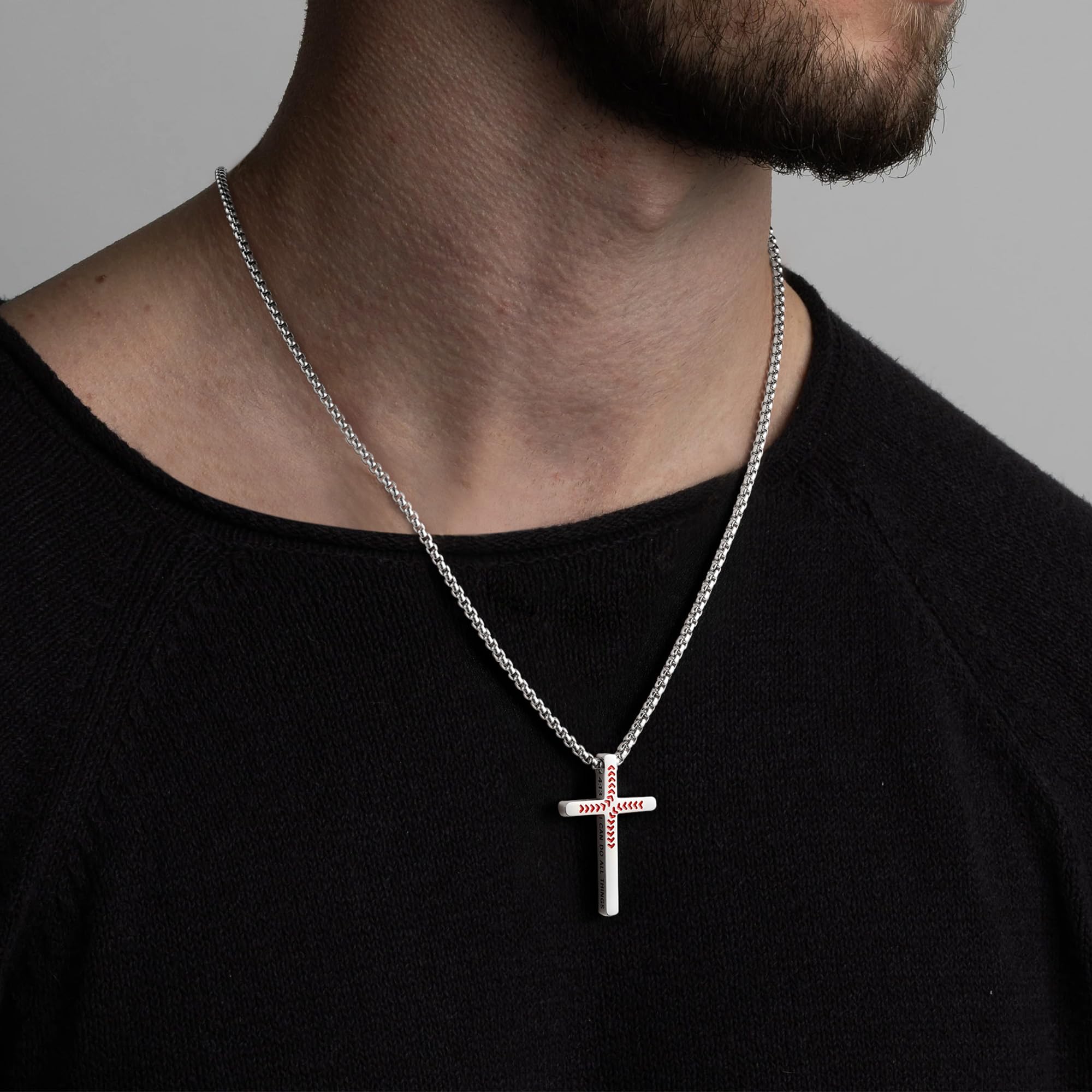 Yoosteel Baseball Cross Necklace side view shows Bible verse inscription.