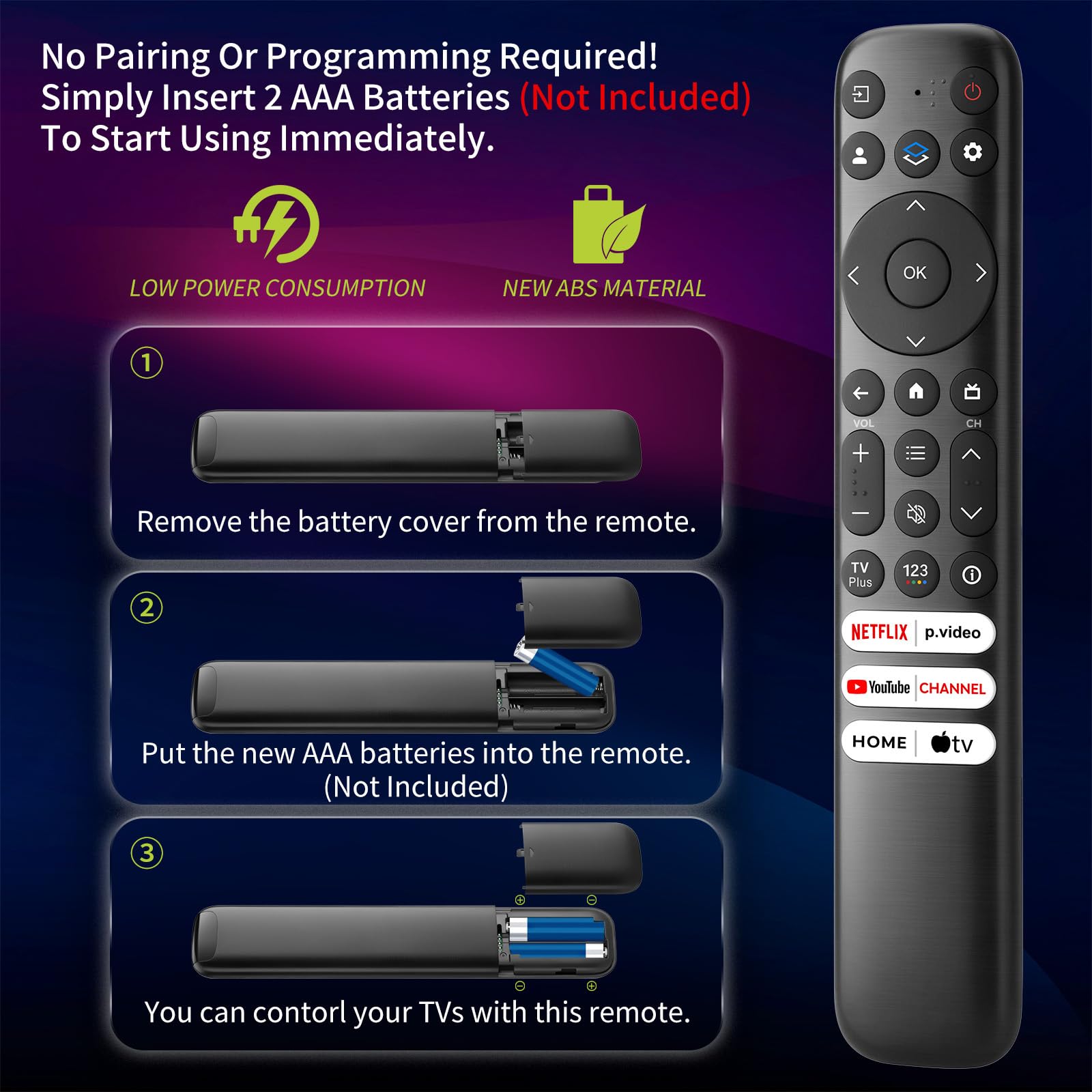 YOSUN remote requires 2 AAA batteries for operation (not included).