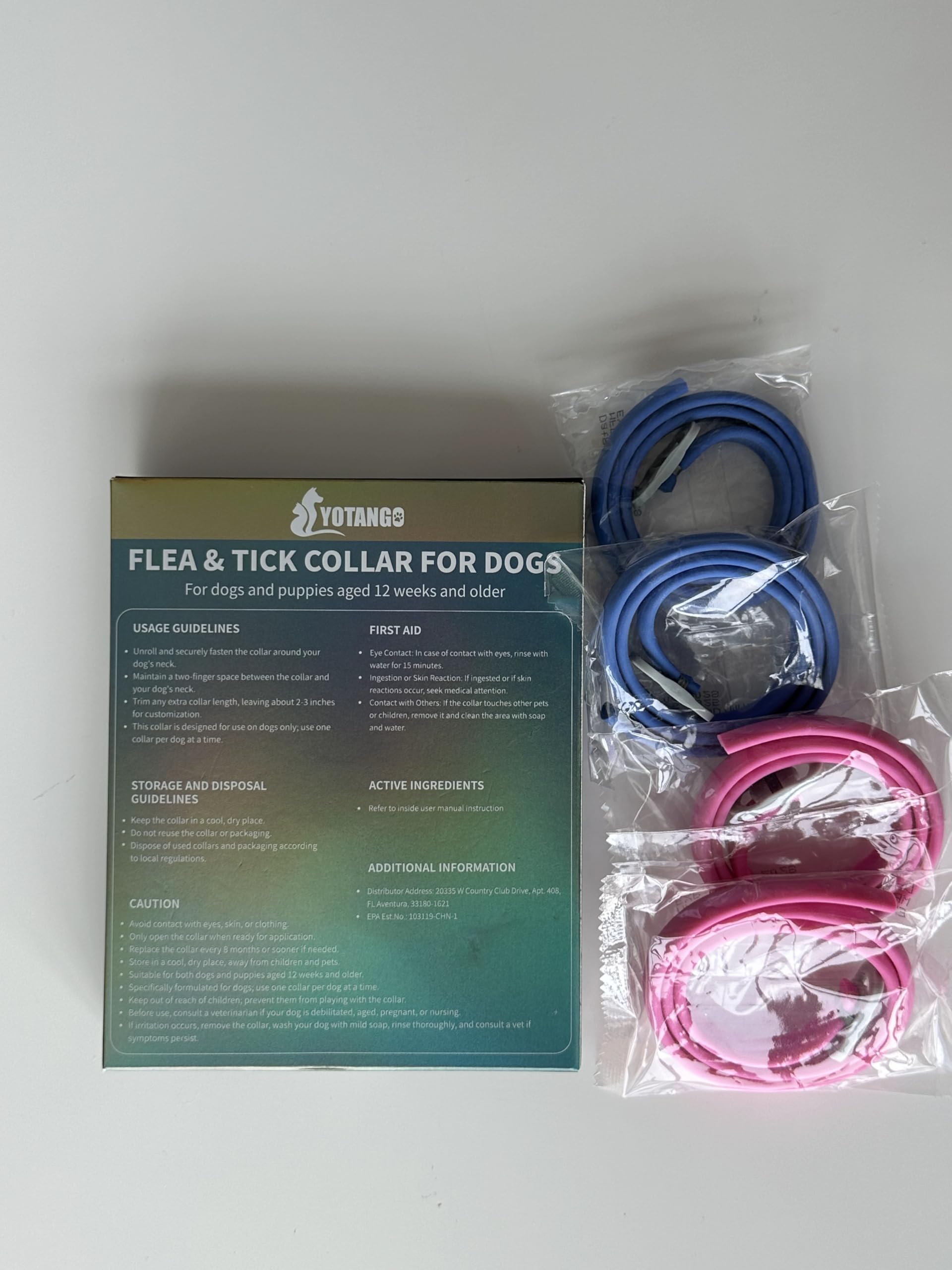 YOTANGO packaging and care instructions for the flea collar