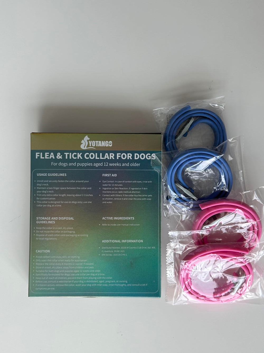 YOTANGO packaging and care instructions for the flea collar