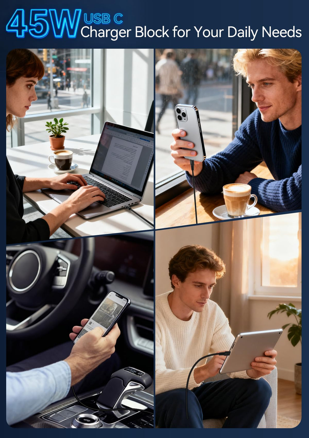 Yotativ sleek black charger design fits desks and nightstands.
