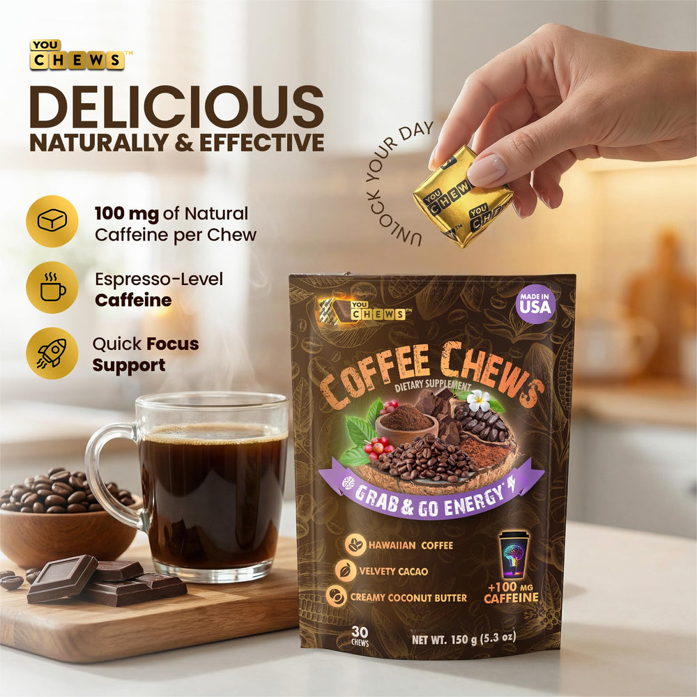 5g YouChews chew beside a cup of coffee for quick caffeine.