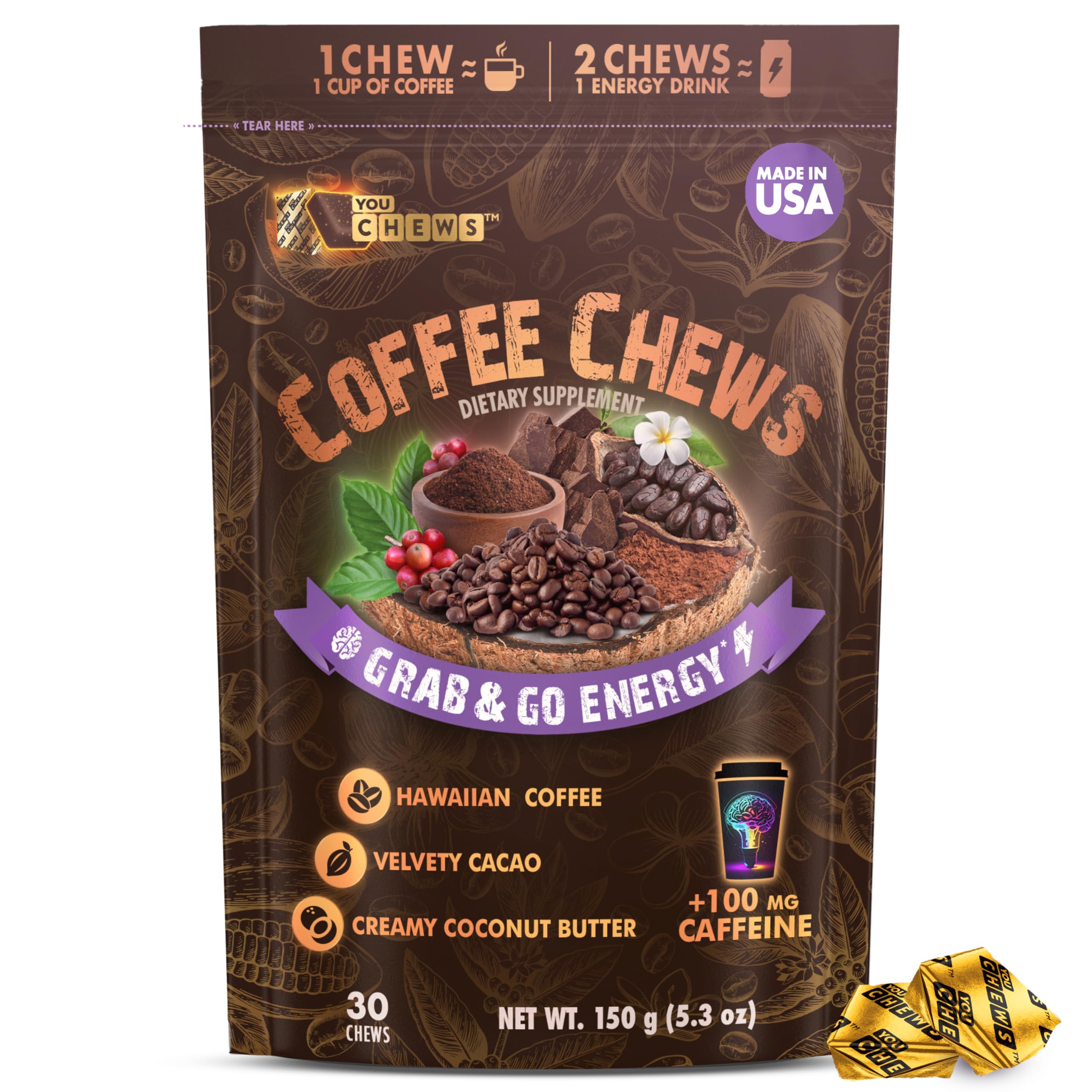 YouChews Coffee Chews packaging ready for grab-and-go energy.
